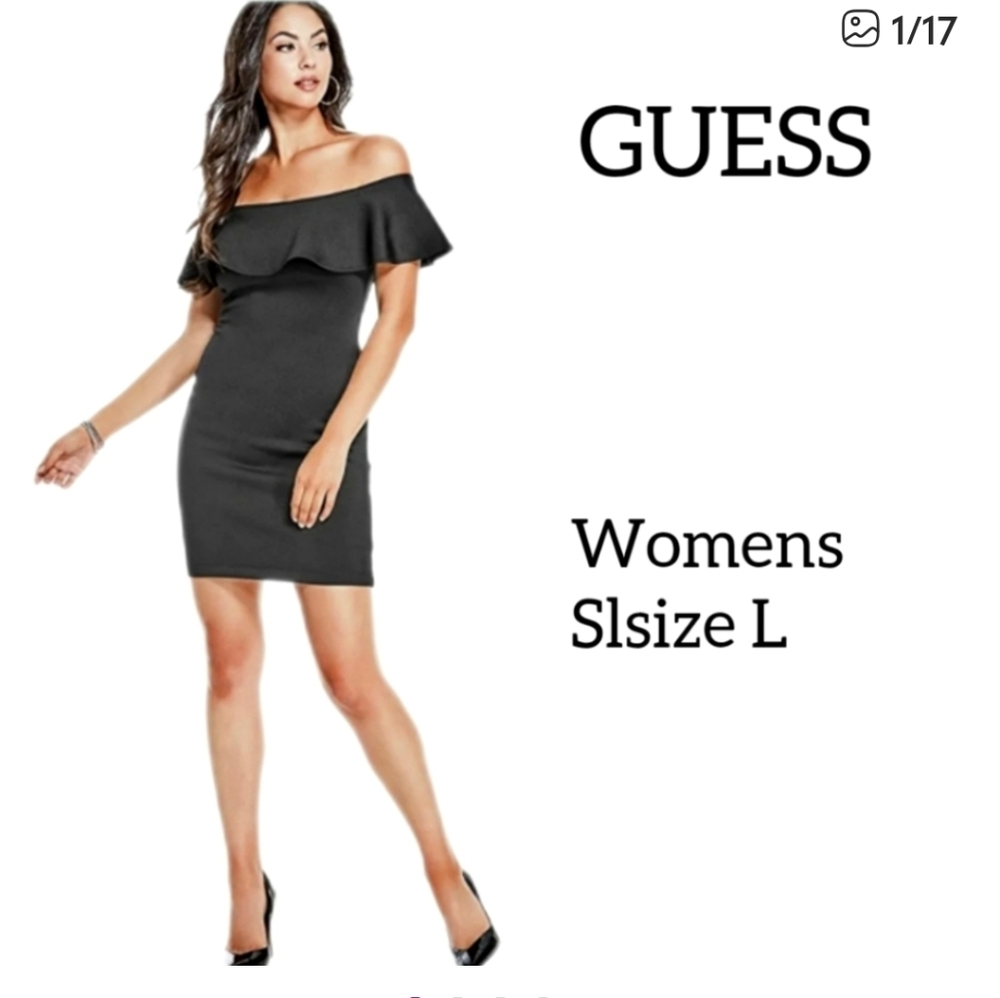 GUESS Women's Elegant Black Off Sholder Ruffle Dress Large
